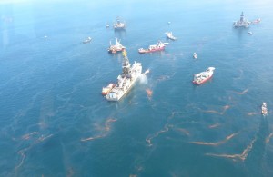 Vessels respond to an oil spill.  NOAA